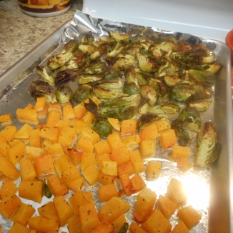 Roast butternut squash and Brussels sprouts 25-30 minutes until squash is tender and sprouts are crisp....