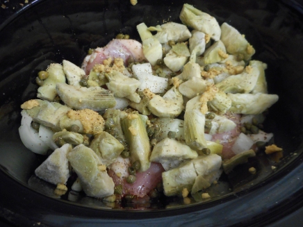 Place the chicken in the Slow Cooker. Cover with the onion, garlic, artichokes, capers, oregano, salt and pepper.